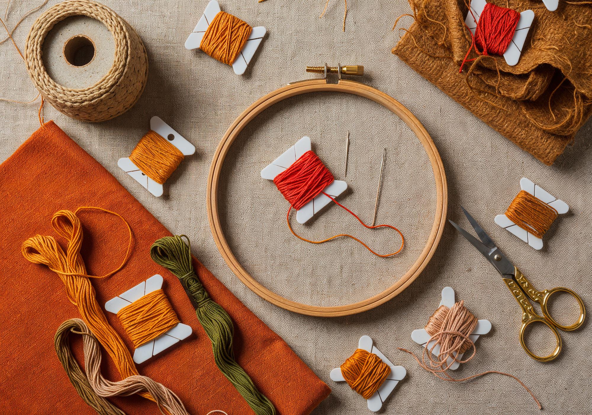 Studio table with embroidery hoop and threads organized